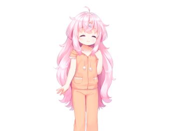 1girl ahoge blue_bow bow closed_eyes closed_mouth collarbone crossed_bangs feet_out_of_frame game_cg hair_bow hand_up harem_futago_lolita hood hood_down hoodie large_variant_set long_hair non-web_source orange_hoodie orange_pajamas orange_pants pajamas pants pink_hair pom_pom_(clothes) short_sleeves simple_background smile solo standing tomari_(harem_futago_lolita) transparent_background usashiro_mani variant_set