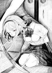 Rule 34 | 1girl, absurdres, bound, bow, bowtie, breasts, collared shirt, commentary request, crying, crying with eyes open, decapitation, disorder!, dress shirt, execution, fusuma, greyscale, hairband, highres, indoors, medium breasts, monochrome, nipples, one eye closed, open clothes, open shirt, original, partial commentary, pleated skirt, red eyes, school uniform, seiza, shirt, short hair, sitting, skirt, sliding doors, snot, solo focus, spot color, sweat, tatami, tears, tied up (nonsexual), white shirt
