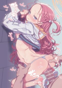 1boy 1girl ass bar_censor blue_archive blue_bra blue_eyes blue_panties blur_censor blush bra bra_pull braid censored censored_nipples clothes_pull clothing_aside commentary_request covered_erect_nipples grabbing_another&#039;s_ass groping halo heart hetero highres hood hood_down hooded_jacket jacket loli long_hair long_sleeves nipples no_pants nose_blush one_side_up orange_halo paid_reward_available panties panties_aside parted_lips penis puddinghomhom red_hair sandals sex sex_from_behind shoe_soles solo_focus sound_effects string_panties trembling underwear vaginal variant_set wavy_hair white_jacket yuzu_(blue_archive)
