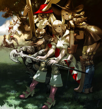 00s 3boys 3girls animal_ears armor ashelia_b&#039;nargin_dalmasca balflear basch_fon_ronsenburg black_mage_(final_fantasy) carrying final_fantasy final_fantasy_xii fran_(ff12) greaves hat high_heels jewelry leaning_forward multiple_boys multiple_girls necklace official_art penelo rabbit_ears red_mage_(final_fantasy) shoes shoulder_carry staff sword tree vaan_(ff12) vambraces viera weapon white_mage_(final_fantasy) witch_hat wizard_hat yoshida_akihiko