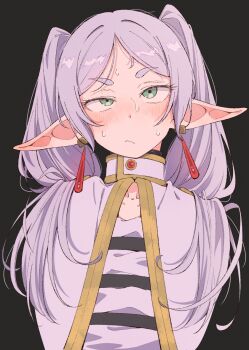1girl blush capelet closed_mouth collarbone commentary_request eitopondo elf frieren grey_hair highres long_hair pointy_ears shirt solo sousou_no_frieren striped_clothes striped_shirt sweat twintails upper_body white_capelet