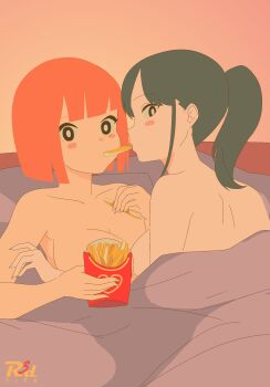 2girls bed black_hair blanket blush_stickers bob_cut breasts completely_nude eating food french_fries girlfriend_(yoru_mac) highres large_breasts looking_at_viewer mcdonald&#039;s medium_breasts mother_(yoru_mac) multiple_girls nude orange_hair pillow ponytail r3dfive sharing_food short_hair under_covers yoru_mac yuri