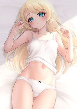 1girl absurdres blonde_hair blue_eyes breasts camisole commentary_request highres jervis_(kancolle) kantai_collection long_hair looking_at_viewer lying makura_(y_makura) navel on_back panties small_breasts solo sunlight thigh_gap underwear white_camisole white_panties