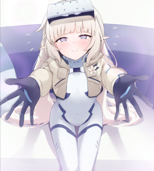 Rule 34 | 1girl, blue archive, bodysuit, brown hair, brown jacket, closed mouth, commentary request, cowboy shot, cropped jacket, elf, flower, happy aura, head-mounted display, himari (armed) (blue archive), himari (blue archive), incoming hug, jacket, light blush, long hair, looking at viewer, mole, mole under eye, official alternate costume, pointy ears, purple eyes, reaching, reaching towards viewer, sitting, smile, solo, sopranino, variant set, white bodysuit, white flower