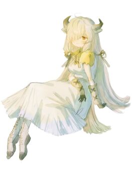 1girl animal_ears blush boots brown_gloves cow_ears cow_girl cow_horns dress frilled_sleeves frills fringe_trim full_body gloves hair_over_one_eye horns kemono_friends long_dress long_hair orange_eyes seki_mhsk shirt short_sleeves sidelocks smile solo t-shirt twintails white_boots white_dress white_gloves white_hair yak_(kemono_friends) yellow_shirt