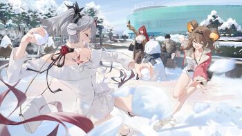 1boy 3girls :d bag bare_legs bare_shoulders belt black_bag black_belt black_flower black_footwear black_hair black_hairband black_pants black_pantyhose black_ribbon black_skirt blake_bloom_(wuthering_waves) bow braid breasts brown_coat brown_hair brown_shirt camellia camellya_(wuthering_waves) cellphone circle_facial_mark cleavage_cutout closed_eyes closed_mouth clothing_cutout coat commentary_request earmuffs facial_mark flower flower_on_chest food grin hair_flower hair_ornament hairband high_heels high_ponytail highres holding holding_food holding_phone holding_snowball korean_commentary large_breasts legs long_hair low_twin_braids lumi_(wuthering_waves) male_rover_(wuthering_waves) mark_under_both_eyes medium_hair modare multiple_girls neck_ribbon off-shoulder_shirt off_shoulder official_alternate_costume open_mouth outdoors pants pantyhose phone ponytail profile red_hair ribbon rover_(wuthering_waves) shirt shoes short_hair shorts shoulder_bag skirt smartphone smile sneakers snowball snowball_fight teeth thick_eyebrows twin_braids v very_long_hair white_bag white_bow white_footwear white_hair white_shirt white_shorts white_skirt wuthering_waves yellow_eyes yinlin_(wuthering_waves)