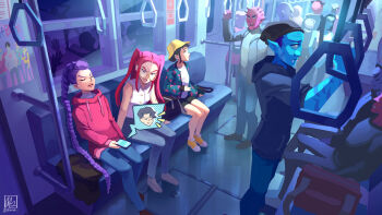 4girls 6+boys alina_l bald bare_shoulders black_hair black_shorts blue_pants blue_skin closed_eyes colored_skin demon_boy demon_girl fangs highres hood hoodie kpop_demon_hunters long_hair mira_(kpop_demon_hunters) multiple_boys multiple_girls pants pink_hair pink_hoodie purple_hair red_skin rumi_(kpop_demon_hunters) shirt shorts sitting spiked_hair train_interior two_side_up white_shirt zoey_(kpop_demon_hunters)