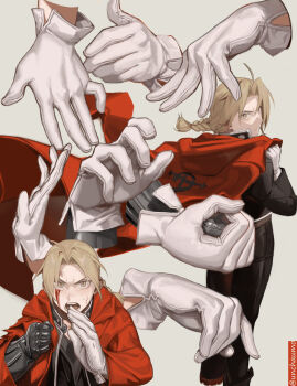 Rule 34 | 1boy, absurdres, automail, black jacket, braid, braided ponytail, cbow, coat, commentary request, disembodied hand, edward elric, fullmetal alchemist, gloves, grey background, highres, holding, holding coat, holding unworn clothes, hood, hood down, hooded coat, jacket, long hair, male focus, mechanical arms, multiple views, red coat, simple background, single mechanical arm, undershirt, unworn coat, white gloves