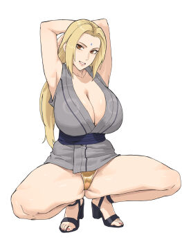 1girl absurdres armpits arms_behind_head arms_up bikini bikini_under_clothes black_sandals blonde_hair breasts brown_eyes cleavage collarbone commentary_request curvy facial_mark forehead_mark gold_bikini grandma grey_kimono grin high_heel_sandals high_heels highres huge_breasts japanese_clothes kimono korean_commentary ksksksa long_hair mature_female naruto_(series) old old_woman sandals sleeveless sleeveless_kimono smile solo swimsuit tsunade_(naruto)