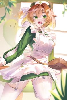 1girl animal_ears apron blurry blurry_foreground breasts dress eyelashes green_dress green_eyes hashtag-only_commentary hat highres indie_virtual_youtuber indoors large_breasts nimi_nightmare nimi_nightmare_(1st_costume) nurse_cap open_mouth ritsukichrilip9 smile solo tapir_ears tapir_girl thighhighs virtual_youtuber white_apron white_thighhighs