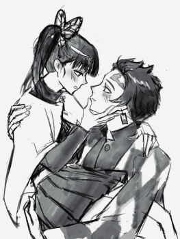1boy 1girl blush butterfly_hair_ornament cape carrying carrying_person eye_contact hair_ornament hand_on_another&#039;s_chin highres jacket kamado_tanjirou kian kimetsu_no_yaiba long_hair long_sleeves looking_at_another miniskirt pleated_skirt short_hair side_ponytail sketch skirt smile tsuyuri_kanao