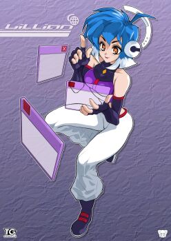 1girl 2000s_(style) absurdres ahoge artist_logo bare_shoulders blue_hair boots borrowed_character breasts character_name closed_mouth commentary crescent_halo crop_top cyberpunk drop_shadow english_commentary faux_retro_artstyle fingerless_gloves floating full_body gdevelop_(game_engine) gloves hair_ornament hairclip halo highres incredibly_absurdres lillian_(gdevelop) logo looking_at_object mascot mechanical_halo medium_breasts medium_hair multicolored_hair orange_eyes pants pointing pointing_up purple_boots purple_gloves red_lips retro_artstyle shirt sleeveless sleeveless_shirt smile system_st91 two-tone_hair watermark web_address white_hair white_pants window_(computing) y2k_fashion