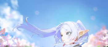 Rule 34 | 1girl, blue sky, cherry blossoms, commentary, double-parted bangs, earrings, elf, forehead, frieren, green eyes, head only, jewelry, long hair, looking ahead, parted lips, pointy ears, quasarcake, sky, solo, sousou no frieren, symbol-only commentary, thick eyebrows, twintails, white hair