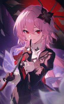 1girl asymmetrical_dress black_dress black_flower black_gloves black_umbrella breasts closed_mouth dress earrings evernight_(honkai:_star_rail) evey_(honkai:_star_rail) finger_to_mouth flower gloves hair_between_eyes hair_flower hair_ornament hairclip hand_up highres holding holding_umbrella honkai:_star_rail honkai_(series) index_finger_raised jewelry long_hair looking_at_viewer march_7th_(honkai:_star_rail) medium_breasts memosprite parallel_hairclips pink_hair red_eyes shali shushing smile solo umbrella