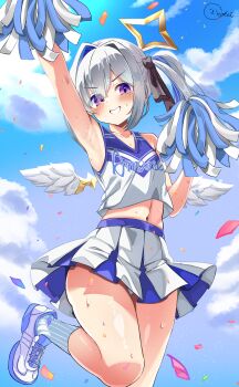 1girl absurdres amane_kanata angel_wings arm_up armpits blue_hair blue_sky blush breasts character_name cheerleader cloud collarbone commentary_request feathered_wings foot_out_of_frame grey_hair halo highres hololive inokeiwd long_hair looking_at_viewer mini_wings navel open_mouth pom_pom_(cheerleading) purple_eyes shirt shoes side_ponytail signature single_hair_intake skirt sky sleeveless sleeveless_shirt small_breasts smile socks solo star_halo stomach striped_clothes striped_socks sweat tilted_halo virtual_youtuber white_shoes white_skirt white_wings wings yellow_halo