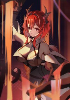 Rule 34 | 1girl, absurdres, arknights, arknights: endfield, arm up, bag, bare shoulders, black dress, black horns, black sleeves, breasts, cleavage, commentary request, detached collar, detached sleeves, dress, hair between eyes, highres, horns, huge breasts, laevatain (arknights), looking at viewer, medium hair, meryi, multicolored sleeves, parted lips, pink bag, pink eyes, red hair, solo, surtr (arknights), two-tone sleeves, white sleeves