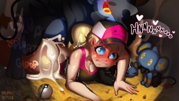 1girl 3boys all_fours bestiality bikupan blonde_hair blue_eyes blush breasts clothed_sex cum cum_in_pussy cum_on_ass cum_on_body cum_on_lower_body english_text gen_4_pokemon heart heart-shaped_pupils interspecies long_hair looking_at_viewer luxray lying medium_breasts multiple_boys nintendo open_mouth poke_ball pokemon pokephilia ponytail prone_bone sex sex_from_behind shinx speech_bubble symbol-shaped_pupils thought_bubble