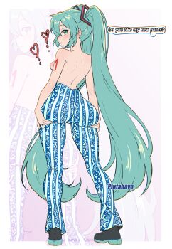 1girl absurdres alternate_costume aqua_eyes aqua_hair breasts forbidden_pants hatsune_miku highres long_hair nipples piutahayo small_breasts solo topless_female twintails very_long_hair vocaloid