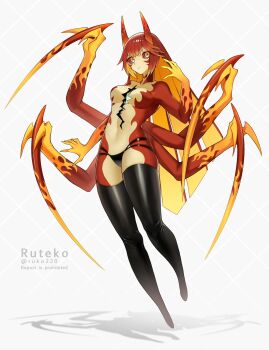 Rule 34 | 1girl, argyle background, black thighhighs, blonde hair, colored inner hair, colored sclera, colored skin, commentary request, cracked skin, extra arms, full body, highres, hollow body, horns, long hair, looking at viewer, monster girl, multicolored hair, no feet, original, red hair, red horns, red sclera, red skin, ruteko (ruko220), shadow, solo, thighhighs, very long hair, white background, yellow eyes, yellow skin