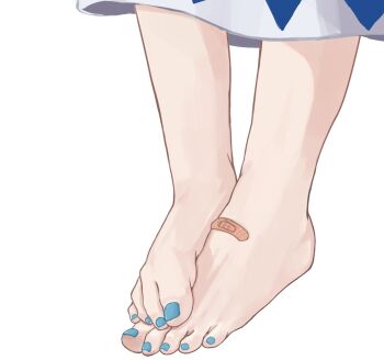 Rule 34 | 1girl, bandaid, bandaid on foot, barefoot, blue nails, blue skirt, character request, cirno, commentary, copyright request, feet, feet only, foot focus, highres, jager, legs together, nail polish, shadow, simple background, skirt, solo, symbol-only commentary, toenail polish, toenails, toes, touhou, white background, white skirt, yousei daisensou