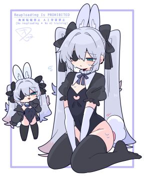 1boy :3 animal_ear_fluff animal_ears arms_between_legs black_bow black_cardigan black_leotard black_thighhighs blue_eyes blue_ribbon blush border bow bulge cardigan chibi closed_mouth collar collared_shrug commentary covered_navel crossdressing crossdressing_(mtf) elbow_gloves embarrassed eyepatch flipped_hair flying_sweatdrops frilled_collar frilled_sleeves frills frown full_body gloves hair_between_eyes hair_bow hair_intakes hand_up highleg highleg_leotard highres leotard long_hair looking_at_viewer male_focus male_playboy_bunny multiple_views neck_ribbon no_nose no_shoes one_eye_covered op_na_yarou open_cardigan open_clothes original parted_lips playboy_bunny puffy_short_sleeves puffy_sleeves rabbit_boy rabbit_ears rabbit_tail raised_inner_eyebrows ribbon rigel_(op_na_yarou) short_sleeves shrug_(clothing) sidelocks simple_background sitting smug standing straight_hair sweat tail thighhighs trap v_arms very_long_hair wariza watermark white_background white_gloves white_hair