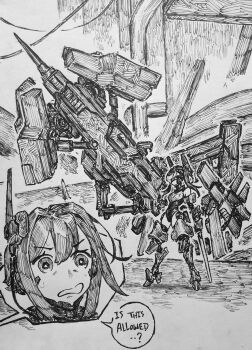 2girls absurdres ai_limit android armor armored_core armored_core_vi:_fires_of_rubicon chronozbergh dolls_nest exoskeleton full_body hati_(dolls_nest) headgear highres holding holding_weapon humanoid_robot joints long_hair mecha mecha_musume mechanical_arms multiple_girls nehma_(dolls_nest) pile_bunker reverse-jointed_legs robot robot_girl robot_joints science_fiction seedling_(dolls_nest) solo sword visor_(armor) weapon yoyo_(dolls_nest)