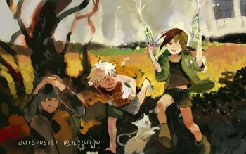 Rule 34 | 3boys, artist name, bare arms, bare legs, bare shoulders, bare tree, barefoot, belt, belt buckle, black belt, black hair, black jacket, black pants, black shorts, black tank top, boots, brown boots, buckle, cat, character request, chasing, closed mouth, clothes writing, copyright request, dated, day, field, floating clothes, floating hair, flower, flower field, full body, grey shorts, hands on own head, highres, holding, holding water gun, house, interlocked fingers, jacket, knees, knees up, long hair, long sleeves, low ponytail, male focus, midriff peek, multiple boys, nengo, one eye closed, open mouth, orange eyes, own hands together, pants, ponytail, red tank top, running, shorts, sitting, smile, studded belt, tank top, toes, tree, water gun, wavy mouth, white cat, white hair, window, yellow flower