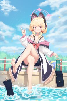 1girl 3344353956 absurdres accident animal_ear_headphones animal_ears ball bare_legs bare_shoulders barefoot beer_can black_skirt black_thighhighs blonde_hair blue_archive blue_sky blunt_bangs blurry blush book book_stack bow bowtie can cat_ear_headphones cat_ears chinese_commentary chinese_text closed_mouth clothes_pin cloud collarbone commentary_request convenient_censoring crossed_legs day depth_of_field drink_can drunk fake_animal_ears feet flat_chest frilled_jacket frilled_skirt frills full_body hair_bow halo hand_up headphones highres index_finger_raised jacket jacket_partially_removed long_sleeves looking_at_viewer medium_hair miniskirt momoi_(blue_archive) nose_blush on_book outdoors partial_commentary pink_halo pleated_skirt red_bow red_bowtie red_eyes school_uniform shore sidelocks sitting sitting_on_book skirt sky soaking_feet soles solo strap_slip string string_around_finger tareme thighhighs thighs toes translation_request unworn_thighhighs v-shaped_eyebrows volleyball_(object) water wavy_mouth wet white_jacket wide_sleeves