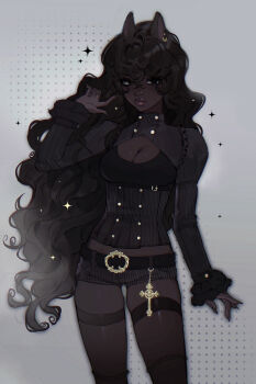 1girl \m/ aegyo_sal animal_ear_piercing animal_ears belt belt_charm black_belt black_eyes black_hair black_shirt black_shorts black_skin black_socks breasts buttoned_cuffs buttons charm_(object) cleavage cleavage_cutout closed_mouth clothing_cutout colored_skin commentary cowboy_shot cross curly_hair dark-skinned_female dark_skin double-parted_bangs english_commentary eyelashes eyeshadow face_piercing fashion fingernails friesian_horse_girl frilled_sleeves frilled_socks frills gold_buttons gold_cross gold_piercing grey_background grey_outline hair_over_shoulder hand_up high_belt high_collar highres horse_ears horse_girl juliet_sleeves kneehighs lipgloss long_fingernails long_hair long_sleeves looking_to_the_side makeup medium_breasts midriff_peek noisykoala nose_piercing original outline piercing puffy_sleeves shirt short_shorts shorts skindentation smokey_eyeshadow socks sparkle_background striped_clothes striped_shirt striped_shorts thick_lips thigh_strap tight_clothes underbust vertical-striped_clothes vertical-striped_shirt vertical-striped_shorts very_long_hair