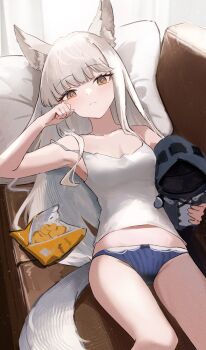 1girl 1other absurdres animal_ear_fluff animal_ears arknights bare_arms bare_legs bare_shoulders blue_panties blunt_bangs bow bow_panties brown_eyes camisole chips_(food) clenched_hand couch doctor_(arknights) dot_nose ema_(kuguiema) food from_above head_on_pillow highres holding holding_stuffed_toy horse_ears horse_girl horse_tail indoors light_blush light_frown light_particles long_hair looking_at_viewer lying midriff_peek on_back on_couch panties pillow platinum_(arknights) sleeveless solo_focus straight_hair striped_clothes striped_panties stuffed_animal stuffed_toy tail thighs underwear vertical-striped_clothes vertical-striped_panties white_camisole white_hair