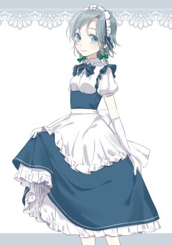 1girl apron back_bow blue_dress blue_eyes bow braid closed_mouth collared_shirt commentary_request dress elbow_gloves frilled_dress frills gloves green_bow grey_hair hair_bow highres izayoi_sakuya long_hair looking_at_viewer maid maid_headdress puffy_short_sleeves puffy_sleeves shirt short_sleeves skirt_hold smile solo touhou tsuno_no_hito twin_braids waist_apron white_apron white_bow white_gloves white_shirt