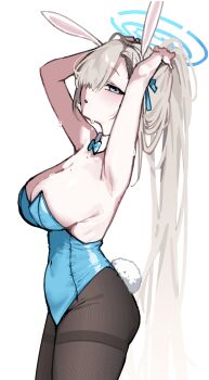 Rule 34 | 1girl, absurdres, adjusting hair, animal ear hairband, animal ears, armpits, arms behind head, asuna (blue archive), asuna (bunny) (blue archive), bare shoulders, black pantyhose, blonde hair, blue archive, blue bow, blue bowtie, blue eyes, blue halo, blue leotard, blush, bow, bowtie, breasts, cleavage, commentary request, detached collar, fake animal ears, fake tail, hair over one eye, hair ribbon, hairband, halo, highleg, highleg leotard, highres, incredibly absurdres, korean commentary, large breasts, leotard, long hair, looking at viewer, mole, mole on breast, navel, pantyhose, parted lips, playboy bunny, ponytail, rabbit ear hairband, rabbit ears, rabbit tail, ribbon, sima.ani, solo, strapless, strapless leotard, tail, thighband pantyhose, very long hair