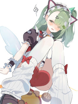Rule 34 | 1girl, absurdres, animal ear hairband, animal ears, anus, bag, bandaid, bandaid on pussy, bell, black dress, blush, box, candy, cat ear hairband, cat ears, chocolate, chocolate heart, commentary, commentary request, dress, english commentary, fake animal ears, food, from below, ghost hair ornament, green eyes, green hair, hair ornament, hairband, hamuchu, heart, heart-shaped box, heart-shaped food, heart hair ornament, highres, maid, maid headdress, mixed-language commentary, multiple hair clips, neck bell, official alternate costume, open mouth, red bag, simple background, sitting, solo, squiggle, sunna (afternoon tea break) (zenless zone zero), sunna (zenless zone zero), sweat, white background, white wings, winged bag, wings, zenless zone zero