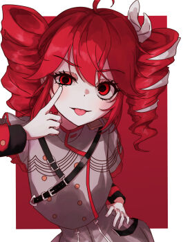 Rule 34 | 1girl, absurdres, ahoge, akanbe, commentary request, drill hair, eyelid pull, fujiwara rein, grey shirt, hair between eyes, hair ribbon, hand up, highres, index finger raised, kasane teto, kasane teto (sv), long sleeves, looking at viewer, parted lips, raised eyebrow, red eyes, red hair, ribbon, shirt, short hair, solo, synthesizer v, tongue, tongue out, twin drills, uneven eyes, white ribbon