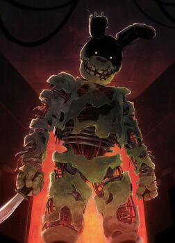 1boy animal_ears animatronic artist_name cable ceiling commentary dead_by_daylight english_commentary fire five_nights_at_freddy&#039;s five_nights_at_freddy&#039;s_3 glowing glowing_eyes highres holding holding_knife indoors knife looking_at_viewer male_focus open_mouth rabbit_ears rorokonaa shaded_face solo springtrap standing teeth tile_ceiling tiles white_eyes