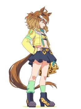 1girl animal_ears blue_shoes blue_skirt brown_hair green_socks highres horse_ears horse_girl horse_tail jacket jungle_pocket_(umamusume) long_sleeves looking_down medium_hair miniskirt shoes simple_background skirt socks strap tail umamusume white_background yellow_eyes yellow_jacket yurin35699515