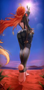 1girl absurdres ahoge ass barefoot bodysuit breasts cameltoe feet fiery_hair from_behind from_below genshin_impact gloves gradient_hair highres long_hair mavuika_(genshin_impact) medium_breasts multicolored_hair nail_polish open_mouth orange_hair puppnett reaching reaching_up red_hair sideboob skin_tight soles solo sun toenail_polish toenails toes very_long_hair
