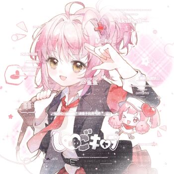 &gt;_o 2girls ahoge armband bag baonu_de_zhanshen_caibutou belt belt_buckle black_belt black_jacket black_shoes blunt_bangs blunt_ends brown_bag buckle chibi chinese_commentary collared_jacket collared_shirt commentary_request commission cowboy_shot dot_nose dress guardian_chara hair_between_eyes hair_intakes hair_ornament hand_on_own_head happy hat hat_ornament heart heart_hat_ornament highres hinamori_amu holding holding_bag holding_pom_poms jacket kneehighs lapels light_blush light_particles long_sleeves looking_at_viewer loose_hair_strand medium_hair miniskirt multiple_girls necktie notched_lapels notice_lines one_eye_closed open_clothes open_jacket open_mouth pink_eyes pink_hair plaid_clothes plaid_skirt pleated_skirt pom_pom_(cheerleading) pom_poms ran_(shugo_chara!) red_armband red_necktie red_scarf red_skirt sample_watermark scarf school_bag school_uniform seiyo_academy_school_uniform shirt shoes short_dress short_side_ponytail shugo_chara! skirt sleeve_cuffs smile socks sparkle speech_bubble spoken_heart star_(symbol) tareme too_many_watermarks visor_cap watermark white_background white_dress white_hat white_shirt white_socks x_hair_ornament yellow_eyes