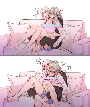 2girls absurdres ankie_(ankys_) collar couch english_text fingering fingering_through_clothes gradient_clothes gradient_shirt hand_under_clothes highres honkai:_star_rail honkai_(series) kiss laughing march_7th_(honkai:_star_rail) multiple_girls off_shoulder sex shirt simple_background speech_bubble spread_legs stelle_(honkai:_star_rail) sweat through_clothes trailblazer_(honkai:_star_rail) twitter_username yuri