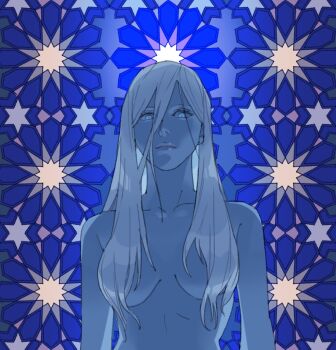 Rule 34 | 1girl, alexia ashford, blonde hair, blue eyes, blue theme, breasts, collarbone, commentary, convenient hair, diamond (shape), dodecagram, english commentary, hair over breasts, hexagram, highres, light smile, linea alba, long hair, looking down, medium breasts, mya (mmyaaym), nude, resident evil, resident evil - code: veronica, solo, stained glass, thick lips, upper body