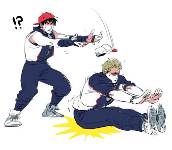 2boys baseball_cap black_hair blonde_hair cezaria cody_travers fallen_down final_fight bad_tag gloves grin guy_(final_fight) hat headband jacket multiple_boys outstretched_arms pants shirt shocked_pupils shoes smile street_fighter track_jacket track_pants track_suit watch white_shirt white_shoes zipper