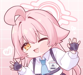 Rule 34 | 1girl, against fourth wall, against glass, ahoge, black gloves, blue archive, blue necktie, cheek squash, chibi, collared shirt, commentary request, fingerless gloves, gloves, gradient hair, grid background, hair flaps, halo, heart, hoshino (blue archive), huge ahoge, id card, long hair, multicolored hair, necktie, nifuji, one eye closed, pink background, shirt, simple background, solo, upper body, white shirt, yellow eyes