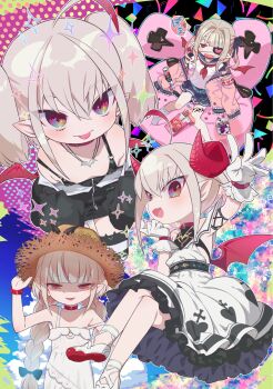 1girl :p ahoge animal_ear_legwear armband belt black_ribbon blush blush_stickers braid candy cat_ear_legwear collar curled_horns cushion demon_girl demon_horns demon_wings dress eyepatch fang flat_chest food gloves gradient_hair grey_hair hair_ribbon hat heart heart_eyepatch highres horns jacket jewelry leg_tattoo looking_at_viewer loose_socks makaino_ririmu makaino_ririmu_(1st_costume) makaino_ririmu_(2nd_costume) makaino_ririmu_(3rd_costume) makaino_ririmu_(4th_costume) multicolored_hair multiple_views neckerchief necklace nijisanji off-shoulder_jacket off_shoulder ogata_zen open_clothes open_jacket open_mouth pink_jacket pocky pointy_ears red_collar red_eyes red_hair red_neckerchief red_wings ribbon sailor_collar school_uniform serafuku skirt sleeveless sleeveless_dress smile socks sparkle strap_slip straw_hat streaked_hair striped_clothes striped_thighhighs sundress tattoo thighhighs tongue tongue_out twin_braids two-tone_dress two-tone_hair virtual_youtuber white_dress white_gloves wings