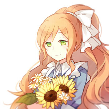1girl apron blue_jacket bouquet closed_mouth collared_shirt daisy_(flower) danganronpa_(series) danganronpa_3_(anime) flower frilled_apron frills green_eyes happy hiragi_rin holding holding_bouquet jacket leaf looking_ahead lowres necktie puffy_short_sleeves puffy_sleeves shirt short_sleeves sidelocks simple_background smile solo sunflower upper_body white_apron white_background white_flower white_necktie white_shirt yellow_flower yukizome_chisa