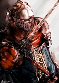 1other ambiguous_gender armor blue_tunic brown_gloves brown_scarf chainmail chosen_undead commentary_request dark_souls_(series) dark_souls_i gloves grey_background helm helmet holding holding_sword holding_weapon knight looking_at_viewer other_focus scarf shield shield_on_back solo sword tunic umeyama_(toma23) upper_body weapon