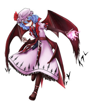 1girl bat_(animal) bat_wings black_shoes blue_hair bow bracelet brown_pantyhose brown_shoes casting_spell collared_shirt commentary dress english_commentary gem hat hat_bow highres jewelry koumajou_densetsu kyoto_kiranami mob_cap multiple_wings pantyhose pink_dress puffy_short_sleeves puffy_sleeves red_bow red_eyes red_gem remilia_scarlet ribbon shirt shoes short_hair short_sleeves simple_background smile solo touhou white_background wings