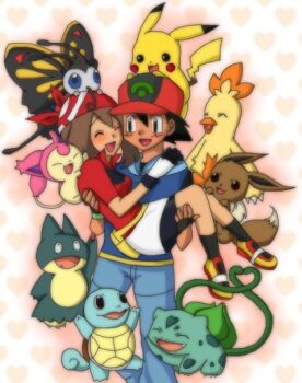 1boy 1girl :d ash_ketchum beautifly black_hair black_socks blush carrying carrying_person closed_eyes combusken eevee fingerless_gloves gen_1_pokemon gen_3_pokemon gen_4_pokemon gloves happy hetero may_(pokemon) munchlax nintendo on_head open_mouth pikachu pokemon pokemon_(anime) pokemon_(creature) pokemon_on_back pokemon_on_head pokemon_rse_(anime) primrose001 princess_carry shorts skirt skitty smile socks squirtle third-party_source white_skirt