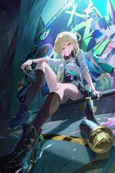 1girl absurdres aqua_necktie black_nails black_skirt black_socks blonde_hair blowing_bubble_gum blue_eyes breasts can chewing_gum chowol commentary earrings from_below full_body graffiti hair_ornament headphones headphones_around_neck highres holding holding_can id_card jewelry long_hair lynae_(wuthering_waves) medium_breasts nail_polish necktie shirt shirt_tucked_in sitting skirt skull_hair_ornament socks solo spray_can star_(symbol) star_earrings tacet_mark_(wuthering_waves) white_shirt wuthering_waves