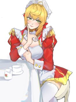 1girl adapted_costume ahoge apron blonde_hair blush bow bowtie buttoned_cuffs buttons chinese_commentary closed_mouth commentary_request cowboy_shot crossed_legs cup double-parted_bangs dress elbow_on_table epaulettes fate/extra fate_(series) finger_to_own_chin frilled_straps frills green_eyes hair_ribbon hand_on_table head_tilt highres juliet_sleeves lipstick long_sleeves looking_at_viewer maid maid_apron maid_headdress makeup nero_claudius_(fate) nero_claudius_(fate/extra) oldlowfive on_stool pink_lips puffy_sleeves red_dress red_ribbon ribbon sauce short_dress simple_background sitting solo stool surgeon_cuffs table teacup thighhighs white_apron white_background white_bow white_bowtie white_thighhighs yellow_trim zettai_ryouiki
