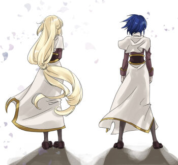 2girls acolyte_(ragnarok_online) blonde_hair blue_hair brown_shirt brown_shoes brown_socks capelet commentary_request from_behind full_body long_hair looking_afar low-tied_long_hair multiple_girls ragnarok_online shirt shoes short_hair skirt socks standing toriria very_long_hair white_background white_capelet white_skirt